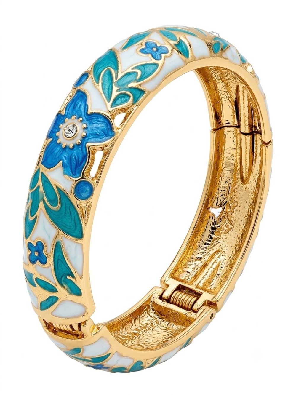 Gold-tone Floral Enamel Hinged Bangle Bracelet in Blue & White